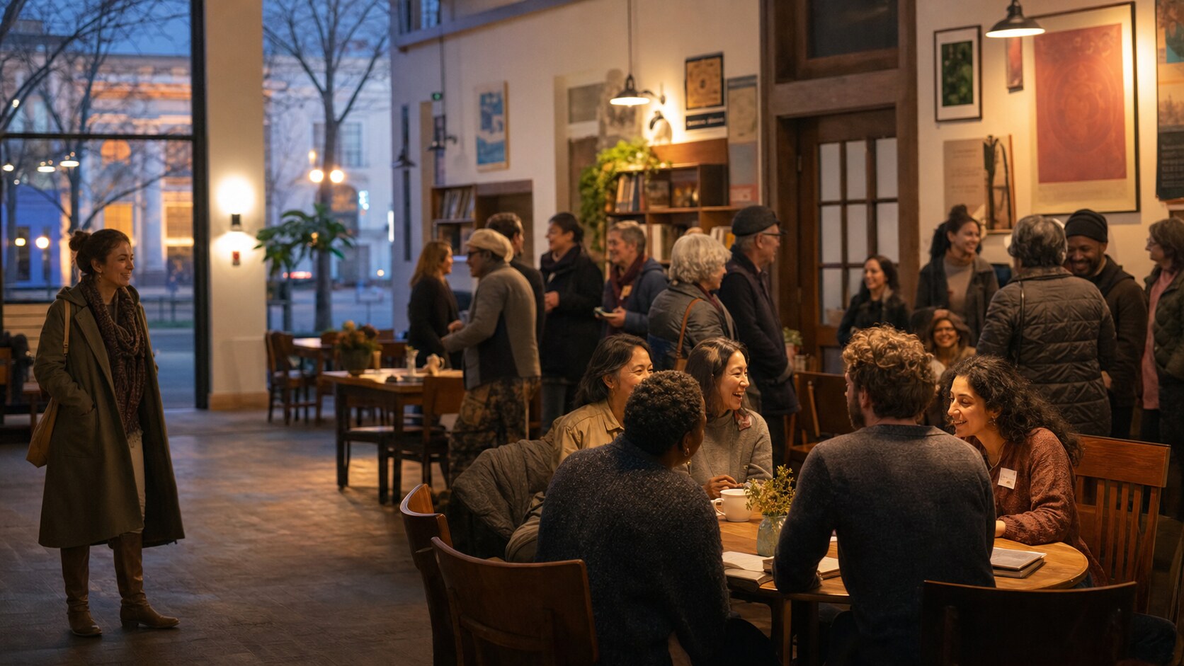 Neighbors arriving for a warm evening gathering around shared tables.